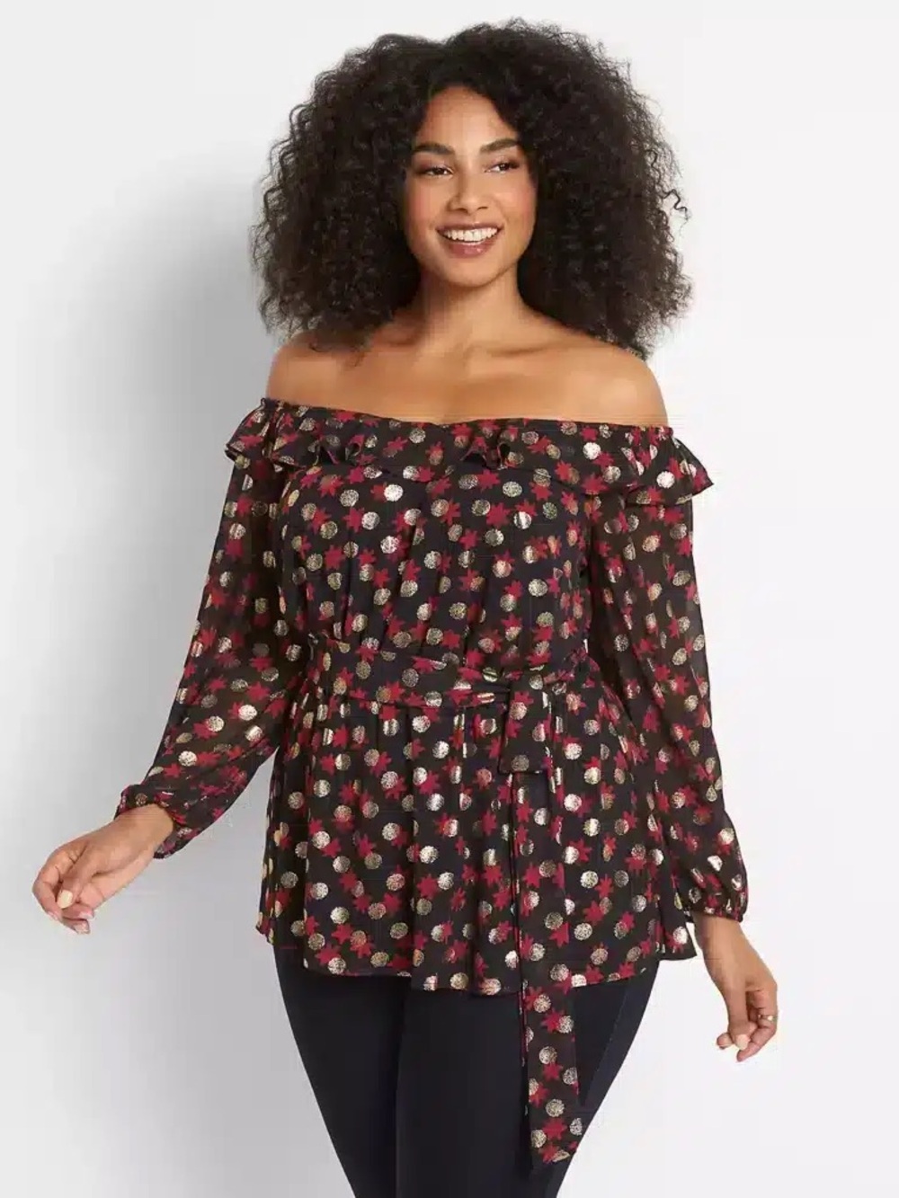 Lane Bryant Black Off-Shoulder Floral Blouse with Red & Gold Accents